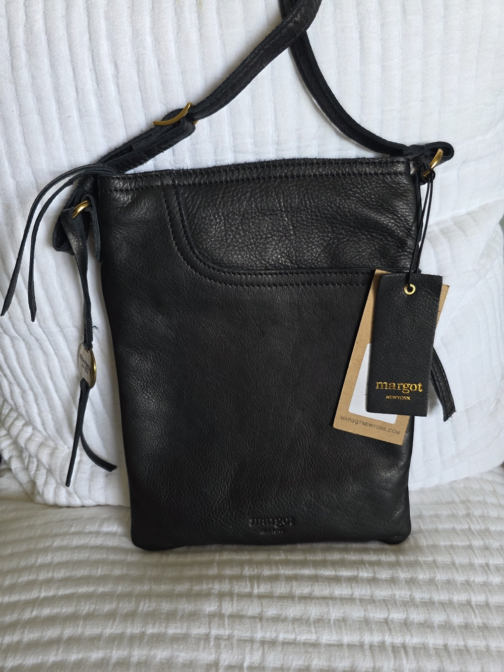 margot Black Leather Slim Messenger Crossbody Bag